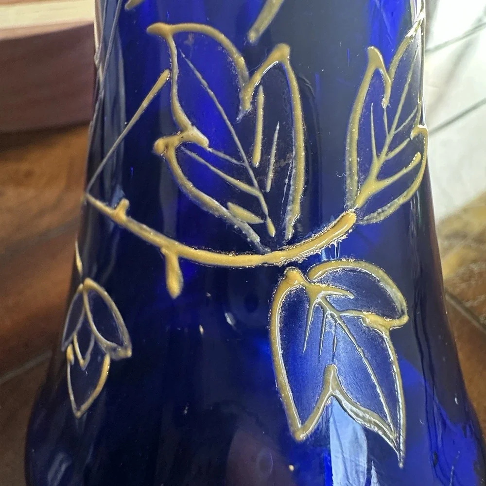 VTG Ruffled Blown Glass Vase 8 Inch Cobalt‎ Blue Hand Paint Yellow Flower Design